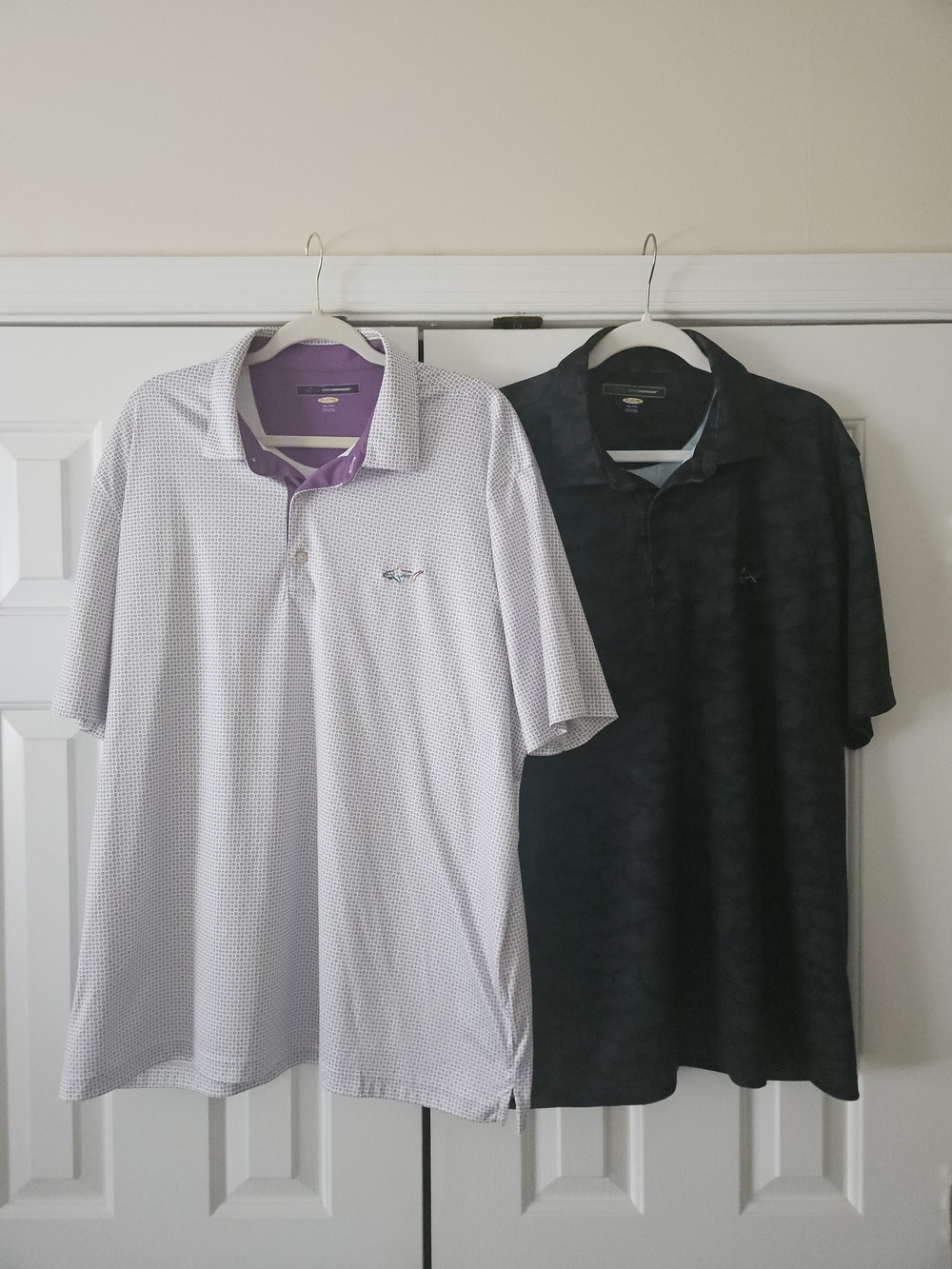 2 Greg Norman Play Dry Men's XXL Polo Shirts. Geometric And Shark Print.